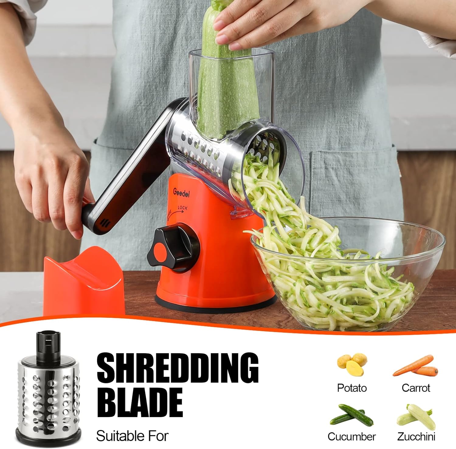 Geedel Rotary Cheese Grater, Kitchen Mandoline Vegetable Slicer with 3 Interchangeable Blades, Easy to Clean Grater for Fruit, Vegetables, Nuts