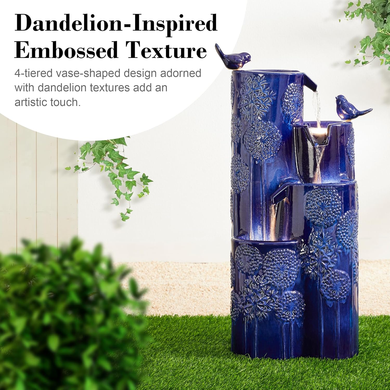 Outdoor Water Fountain with LED Lights and Pump, 4 Tier Dandelion Texture Vase Shaped Ceramic Floor Standing Fountain with Birds for Porch Deck Garden Patio Backyard, Turquoise