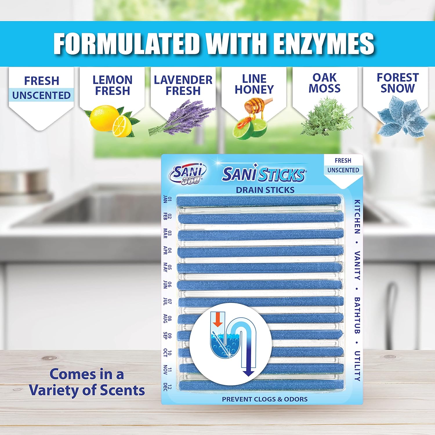 SANI 360° Sani Sticks Drain Cleaner and Deodorizer, Enzyme Pipe Cleaners, Eliminate Odors, Prevent Clogged Drains, Safe for Sinks, Bathtub Drains, Septic Tanks, 24 Count, Lemon Scent