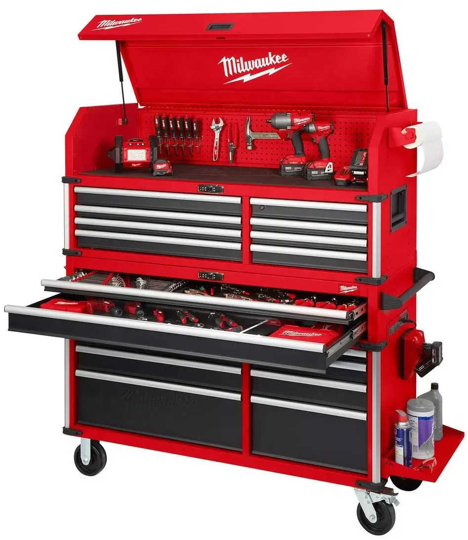 2025 Milwaukee High Capacity 56 in. Tool Chest and Roller Cabinets Combo +18V Cordless Lithium-Ion 4 Tool Combo Kit