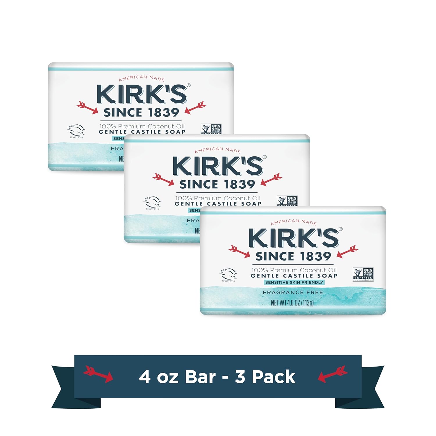 Kirk's Castile Bar Soap for Men, Women & Children - Made With Premium Coconut Oil, Sensitive Skin Formula, Vegan, Non GMO, Original Fresh Scent, 4 oz. Bars, 6 Pack