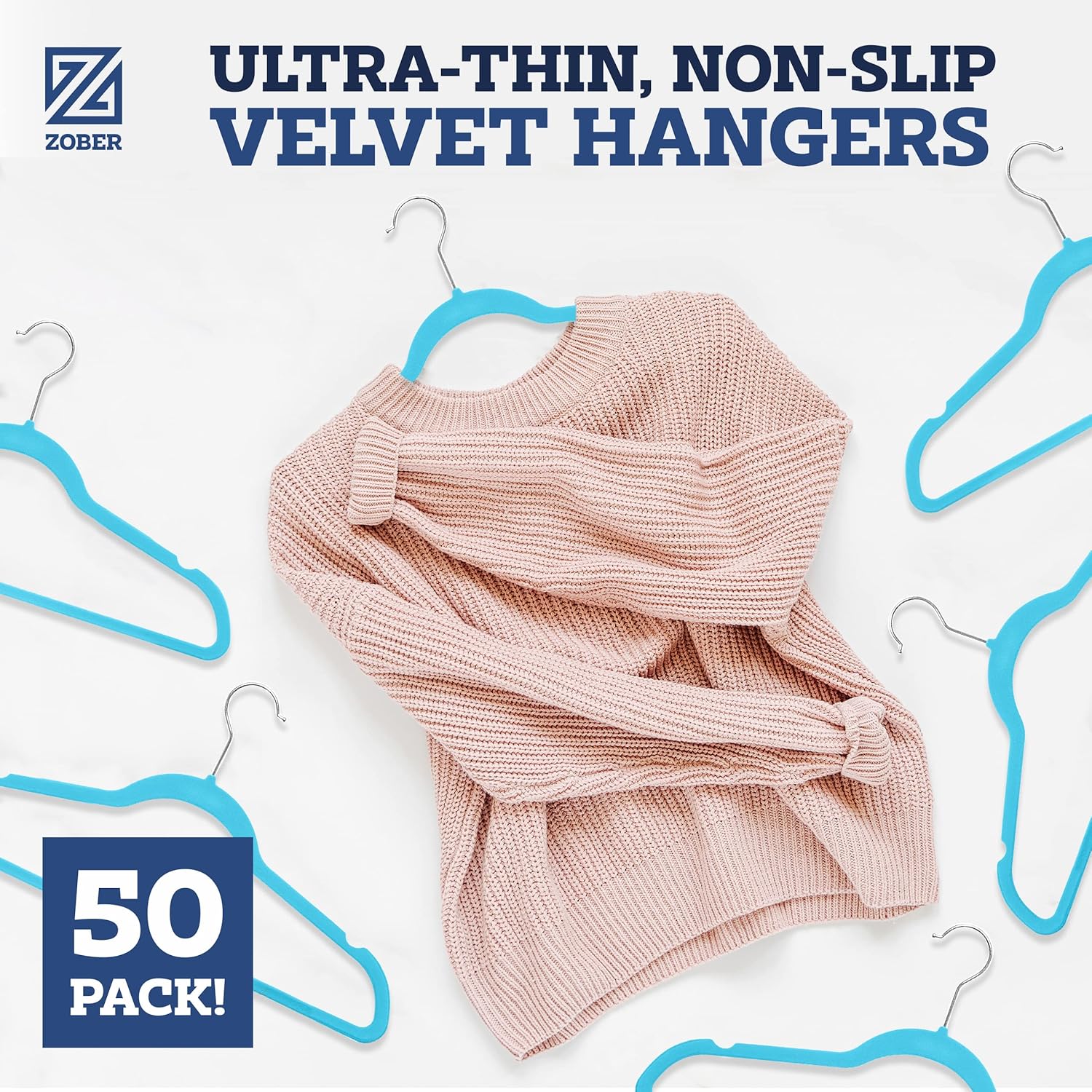 Zober Velvet Hangers 50 Pack - Heavy Duty Black Hangers for Coats, Pants & Dress Clothes - Non Slip Clothes Hanger Set - Space Saving Felt Hangers for Clothing