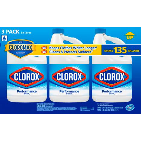 Clorox Bleach Liquid Cleaner for Laundry and Bathroom, HE Performance Bleach, 121 oz. Bottle 3 Pack, Wholesalehome Reusable Cleaning Glove and Cloth Included