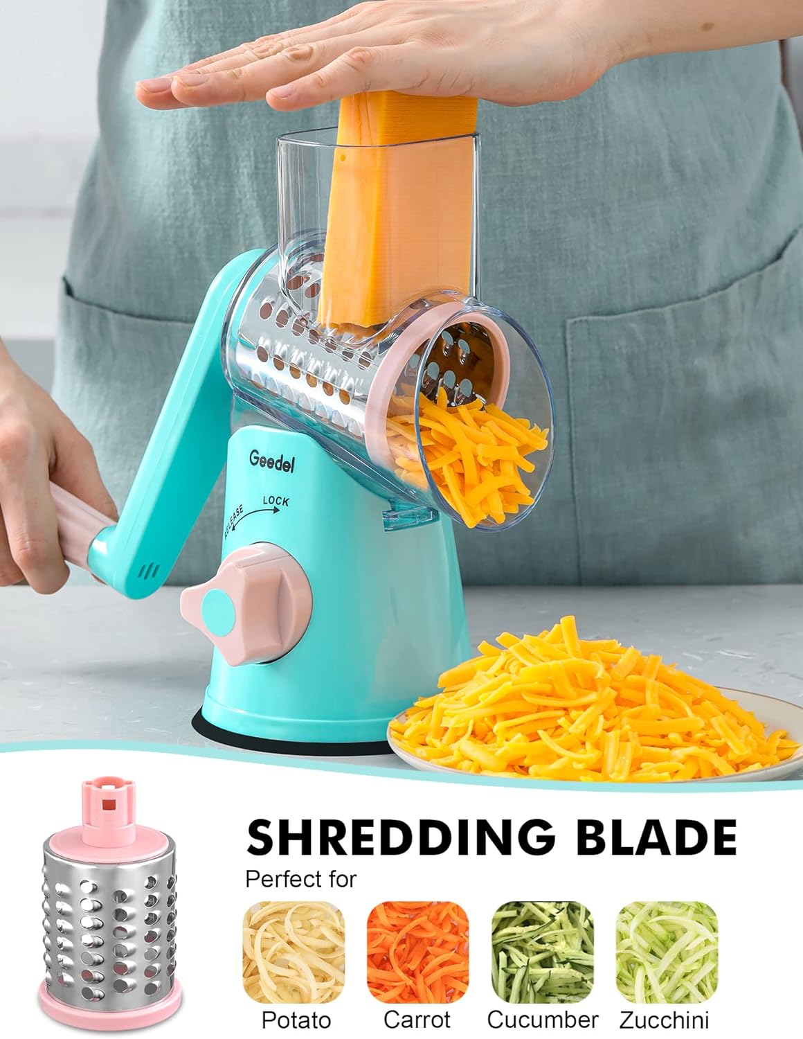 Geedel Rotary Cheese Grater, Kitchen Mandoline Vegetable Slicer with 3 Interchangeable Blades, Easy to Clean Grater for Fruit, Vegetables, Nuts
