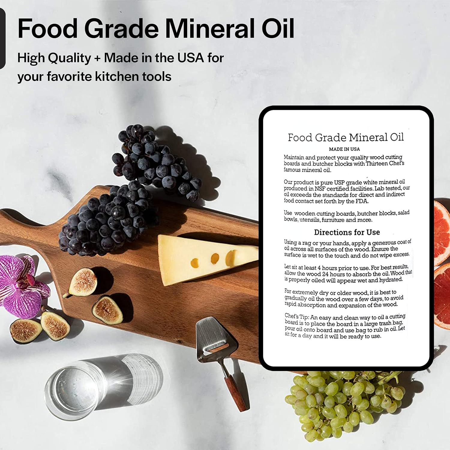 Thirteen Chefs Mineral Oil - 8 oz Food Grade Conditioner for Wood Cutting Board, Countertop & Butcher Block, Lubricant for Knife or Meat Grinder - Safe USP Finish on Marble, Soapstone