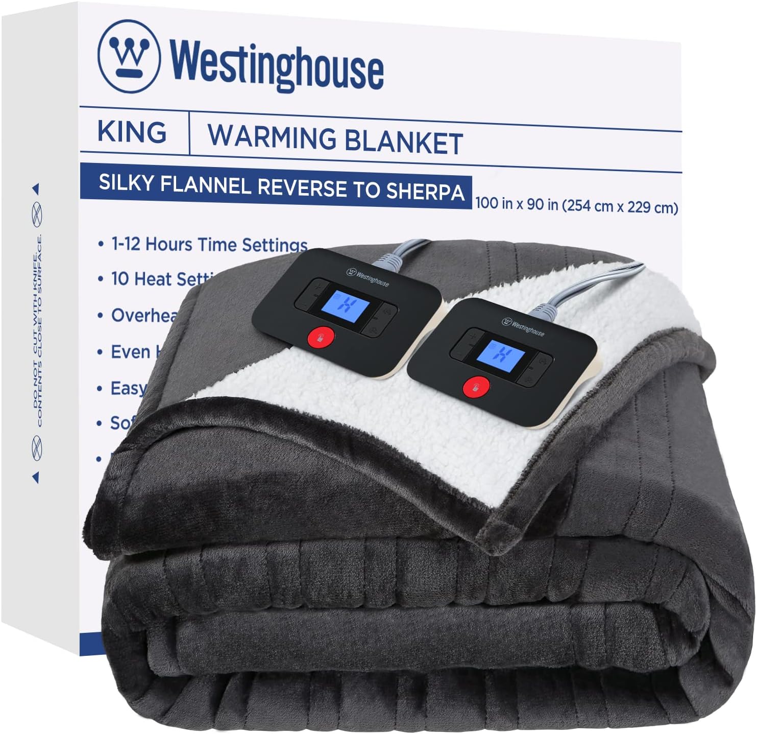 Westinghouse Heated Throw Blanket, Electric Blanket Throw with 6 Heating Levels and 2-10 Hours Time Settings, Flannel to Sherpa Super Cozy Heated Blanket Machine Washable, 50x60 inch, Charcoal
