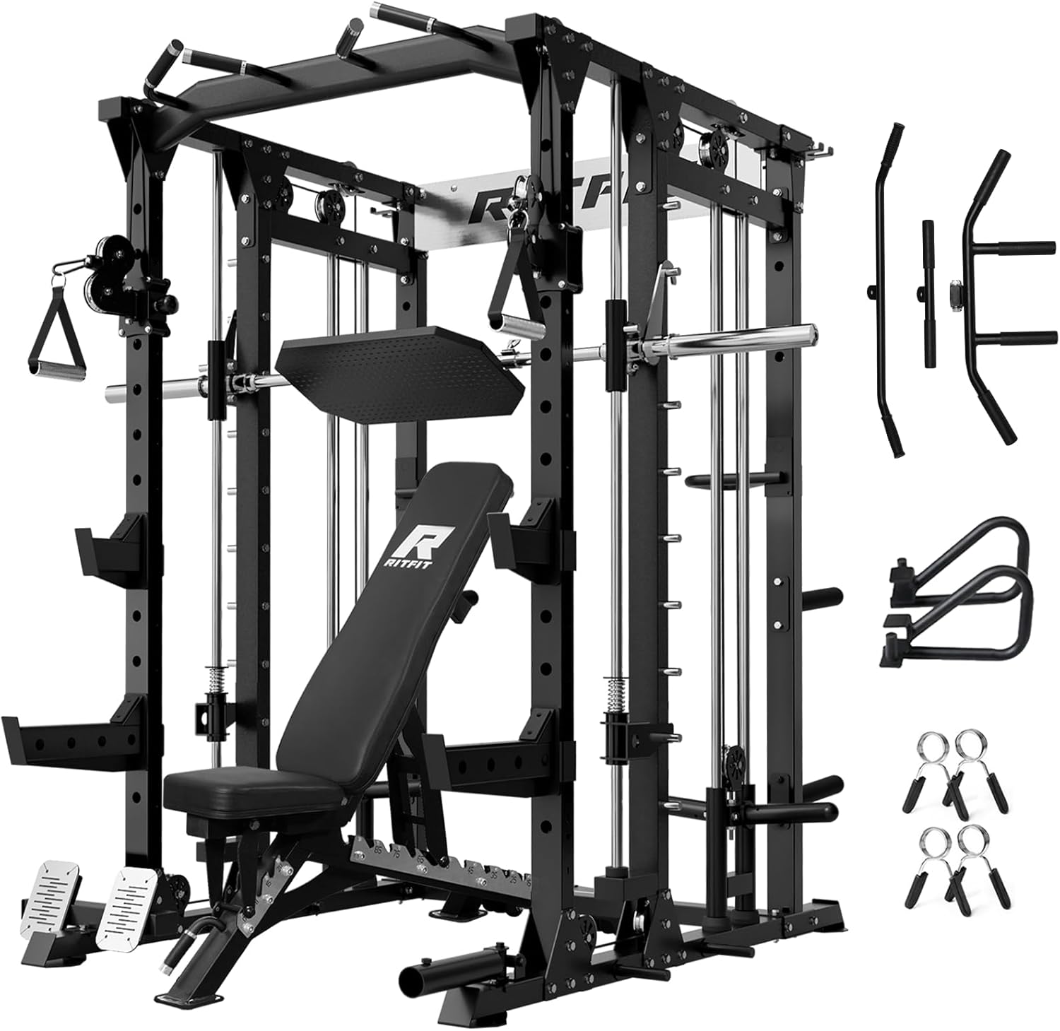 RitFit Buffalo Smith Machine, Power cage with LAT-Pull Down System & Cable Crossover System, All-in-One Squat Rack for Home Gym, Power Rack