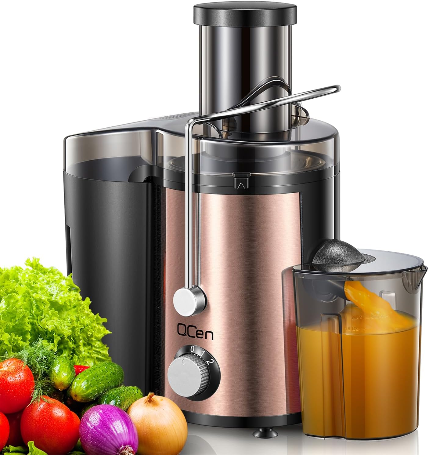 Qcen Juicer Machine, 800W Centrifugal Juicer Extractor with Wide Mouth 3” Feed Chute for Fruit Vegetable, Easy to Clean, Stainless Steel, BPA-free (Black)
