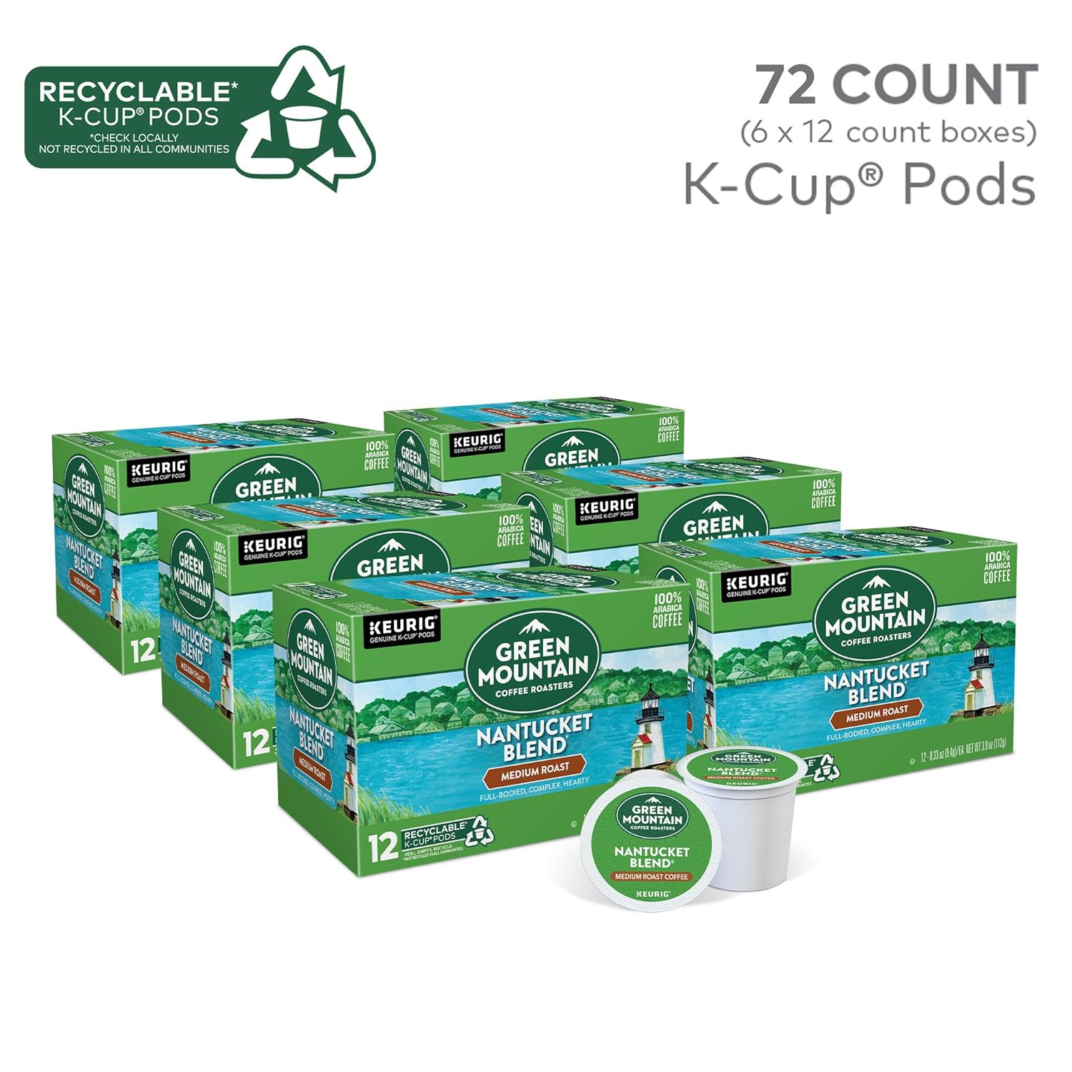 Green Mountain Coffee Roasters Half Caff Keurig Single-Serve K-Cup pods, Medium Roast Coffee, 72 Count (6 Packs of 12)