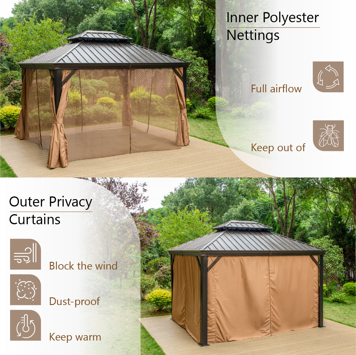 10' X 12' Outdoor Hardtop Gazebo Double Roof Canopy with Curtains and Netting