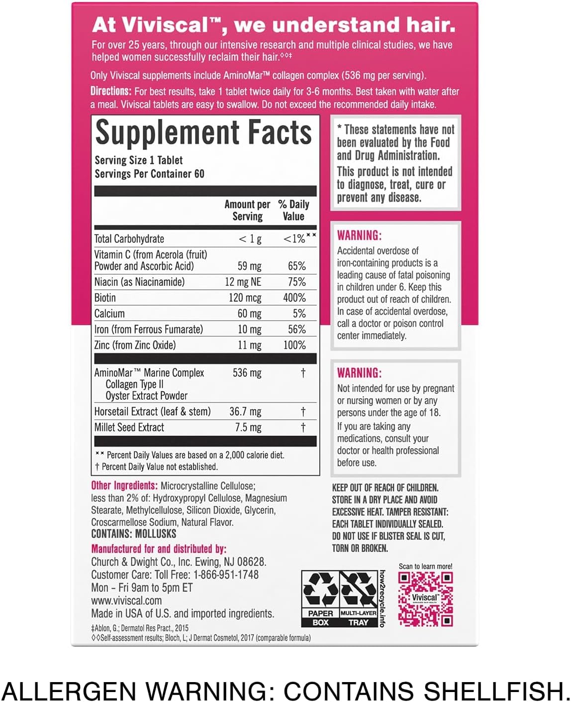 Viviscal Hair Growth Supplements for Women to Grow Thicker, Fuller Hair, Clinically Proven with Proprietary Collagen Complex, 60 Count (Pack of 1), 1 Month Supply