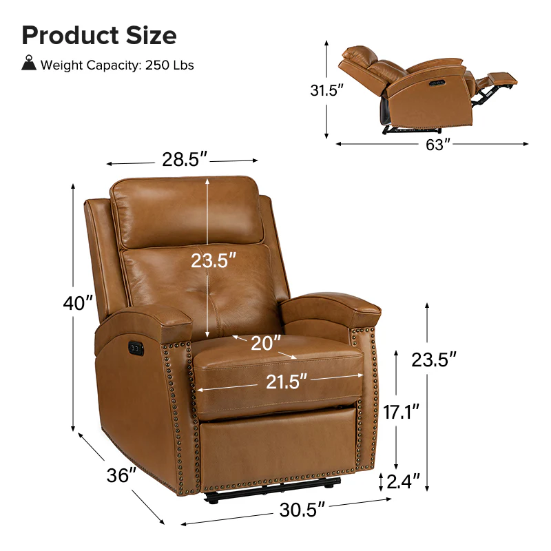 Stefan Genuine Leather Power Recliner with Nailhead Trim