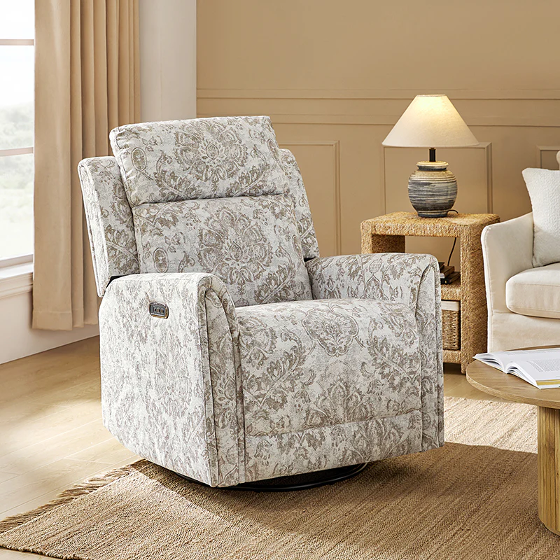 Alois Large Floral Swivel And Rocker Power Recliner With Adjustable Headrest