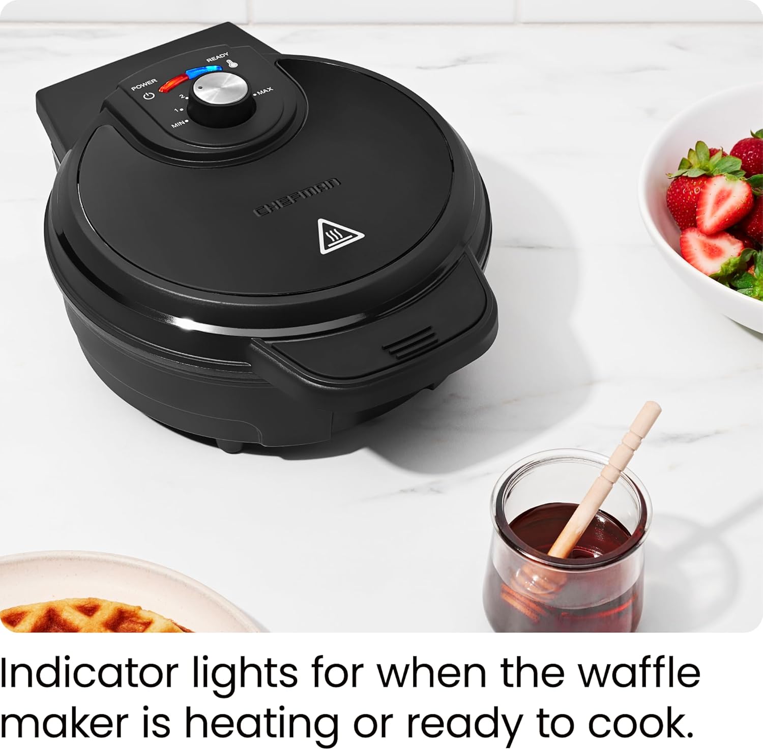 Chefman Anti-Overflow Belgian Waffle Maker w/Shade Selector, Temperature Control, Mess Free Moat, Round Iron w/Nonstick Plates & Cool Touch Handle, Measuring Cup Included, Black