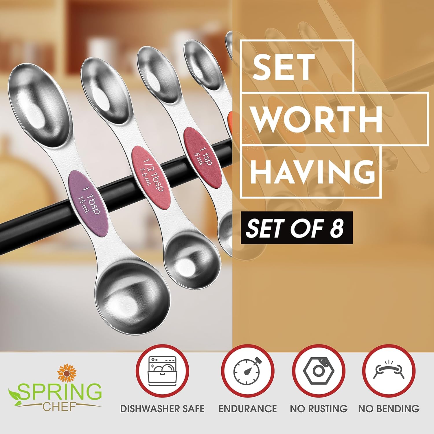 Spring Chef Magnetic Measuring Spoons Set with Strong N45 Magnets, Heavy Duty Stainless Steel Metal, Fits in Most Kitchen Spice Jars for Baking & Cooking, BPA Free, Black, Set of 8 with Leveler