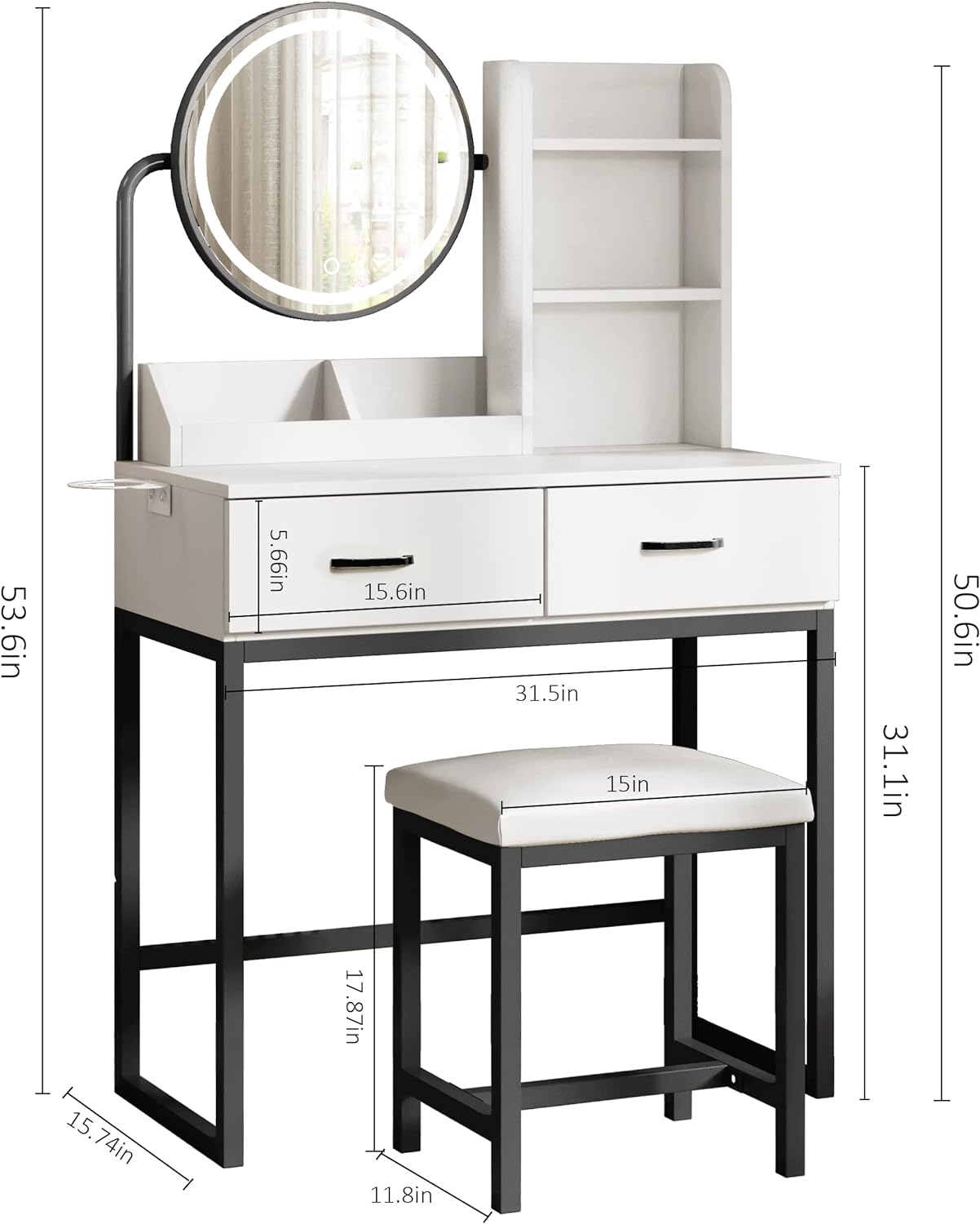 Makeup Vanity Desk with Mirror and Lights, Cute Vanity Makeup Table, Small Vanity Table for Bedroom with Lots Storage, 3 Lighting Modes, 31.5in(L)…