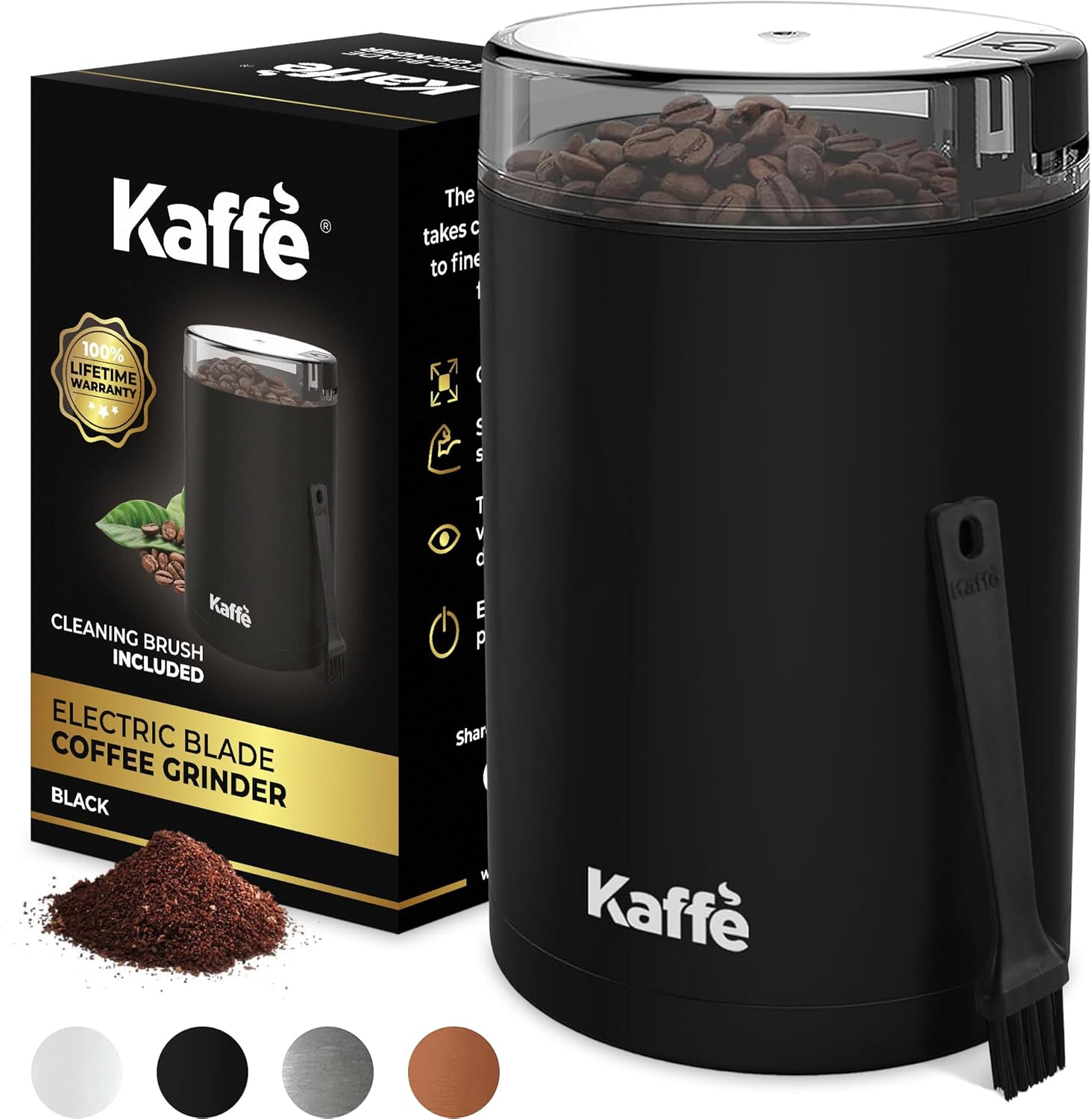 Kaffe One-Touch Coffee Grinder Electric w/Cleaning Brush (3 oz) - Coffee Grinders for Home Use - Up to 12 Cups of Coffee per Grind - Easy On/Off Coffee Bean Grinder - Black