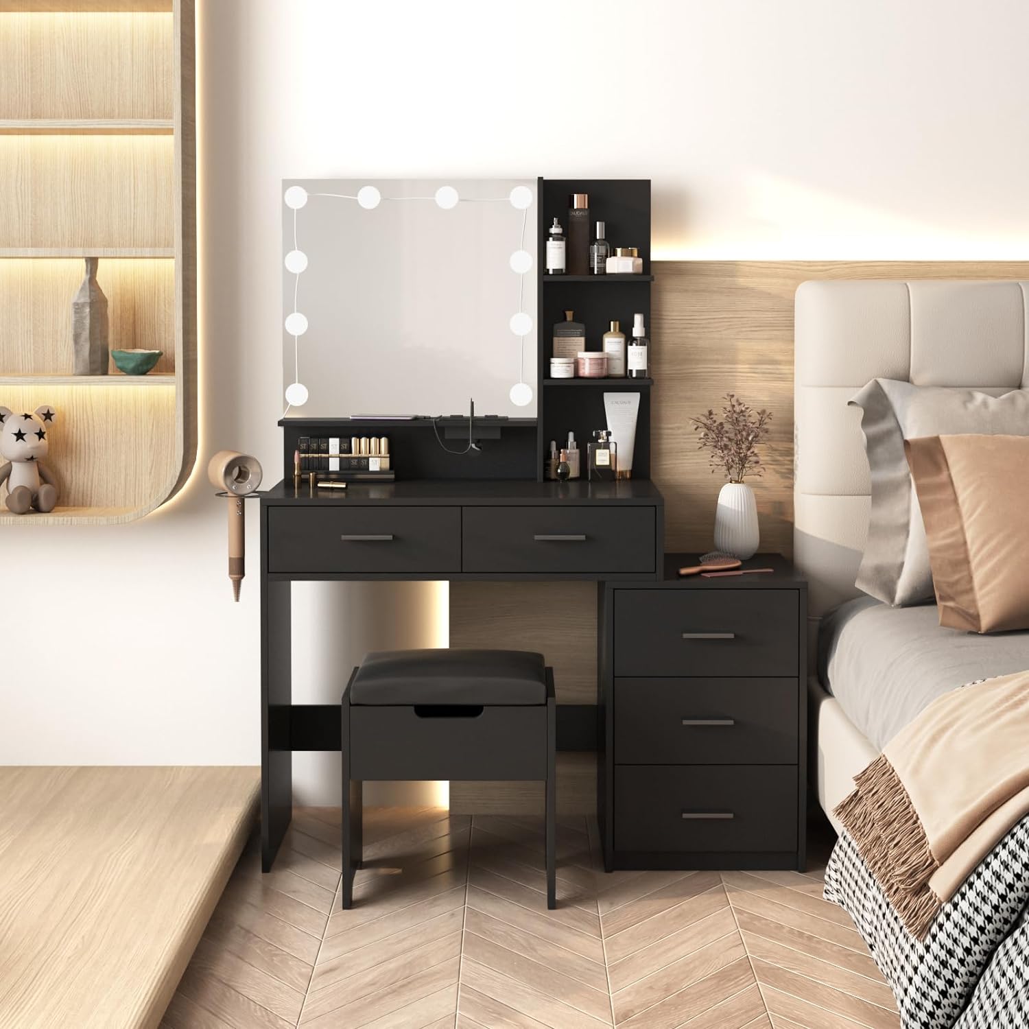 Maupvit Vanity Desk with Mirror and Lights, White Vanity with Bedside Table, 5 Drawers Large Capacity, Metal Silver Handle, Makeup Vanity with 10 Led Lights And Charging Station