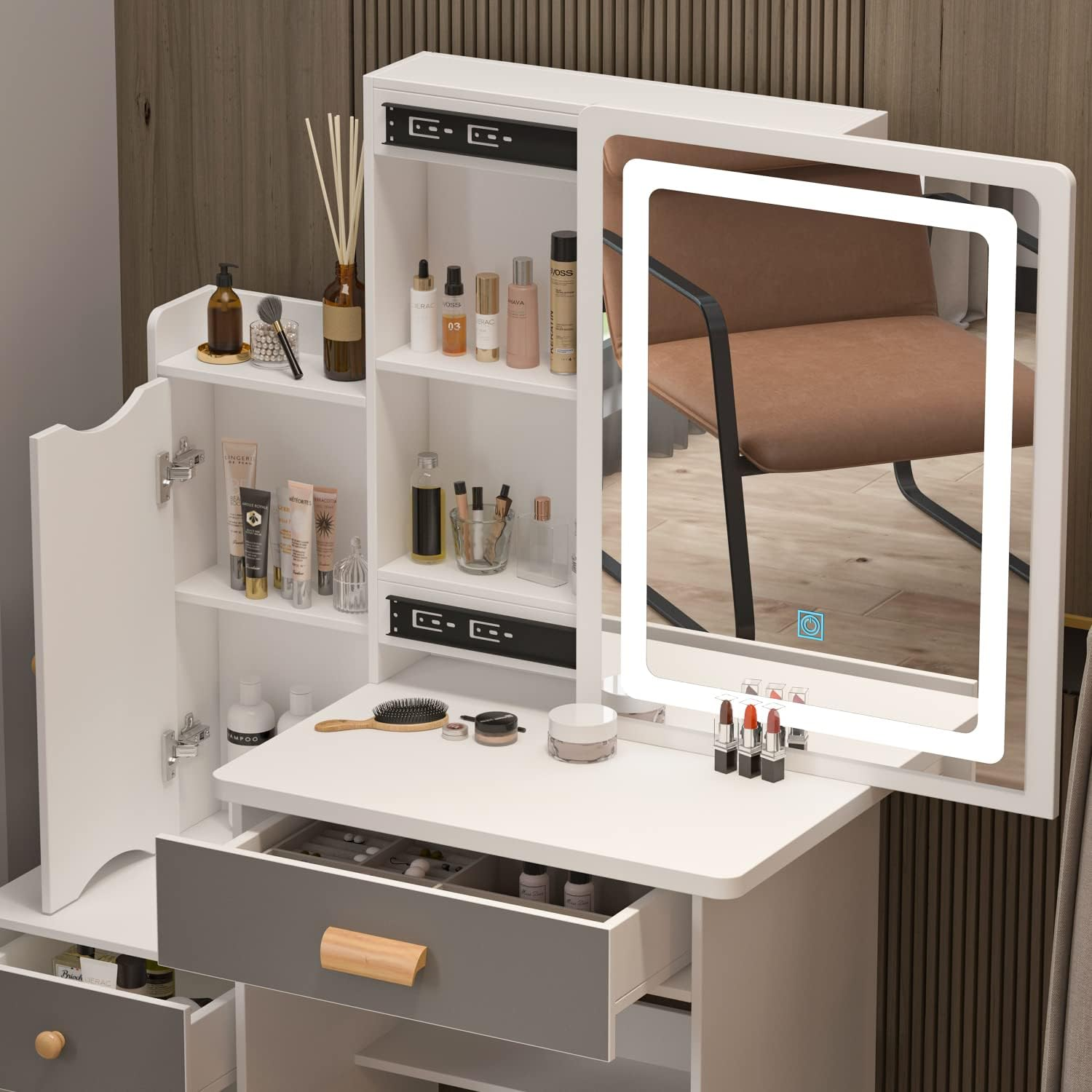 PREMTURE Dressing Table with LED Lighting, Cosmetic Table with Open Shelf and 4 Drawers, Dressing Table with Stool, Dressing Tables, Large Storage Space, MDF, 90 W x 40 D x 135 H cm