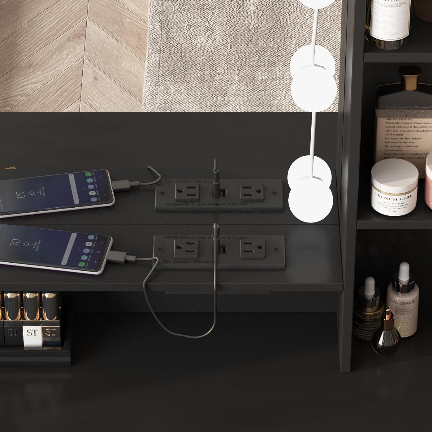 Maupvit Vanity Desk with Mirror and Lights, White Vanity with Bedside Table, 5 Drawers Large Capacity, Metal Silver Handle, Makeup Vanity with 10 Led Lights And Charging Station