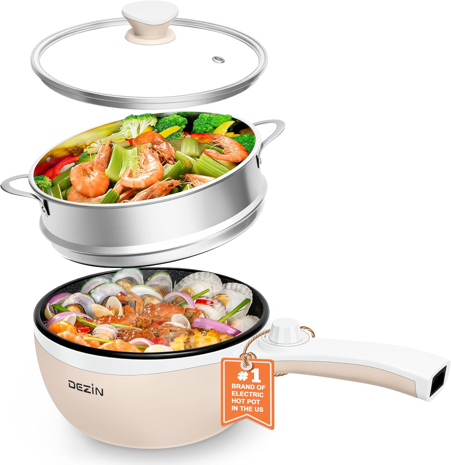 Dezin Hot Pot Electric Upgraded, Non-Stick Sauté Pan, Rapid Noodles Electric Pot, 1.5L Mini Portable Hot Pot for Steak, Egg, Fried Rice, Ramen, Oatmeal, Soup with Power Adjustment(Egg Rack Included)