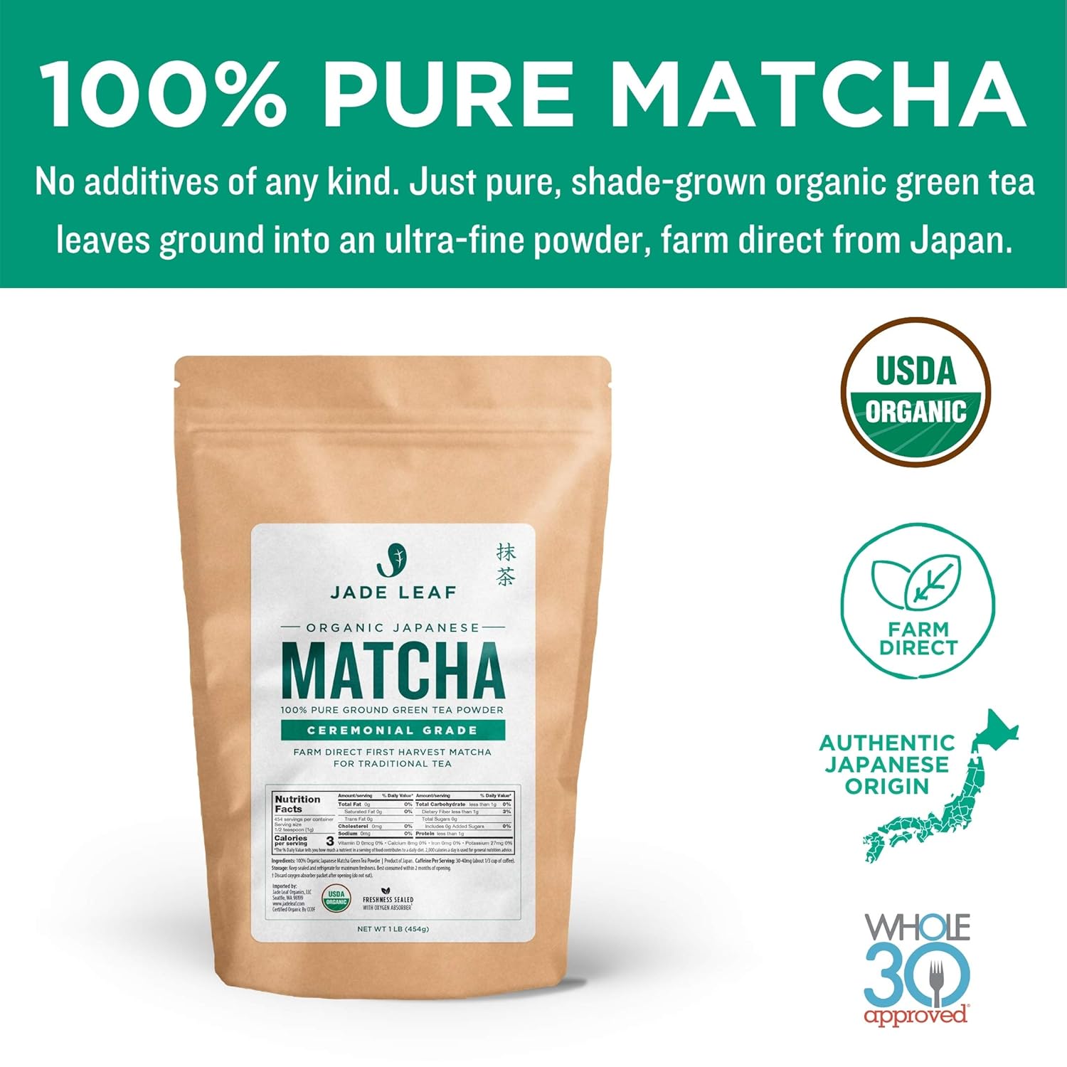 Jade Leaf Matcha Organic Green Tea Powder - Culinary Grade Premium Second Harvest - Authentic Japanese Origin (1.06 Ounce Pouch)