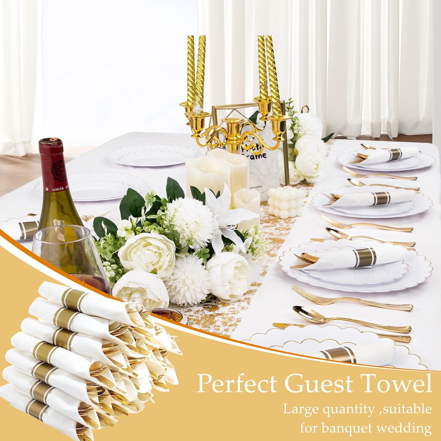 Supernal 60 Pack Pre Rolled Napkins with Gold Plastic Silverware, Premium Disposable Gold Wrapped Cutlery Set Includes: 60 Forks 60 Knives 60 Spoons 60 Napkin for Party