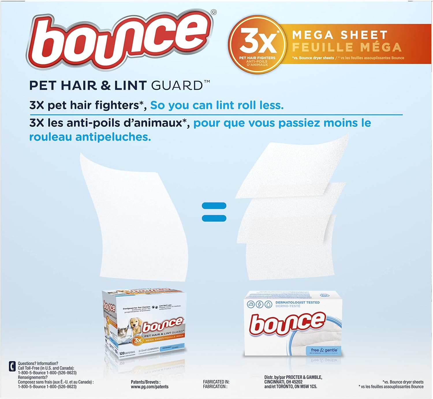 Bounce Pet Hair and Lint Guard Mega Dryer Sheets with 3X Pet Hair Fighters, Unscented, 130 Count