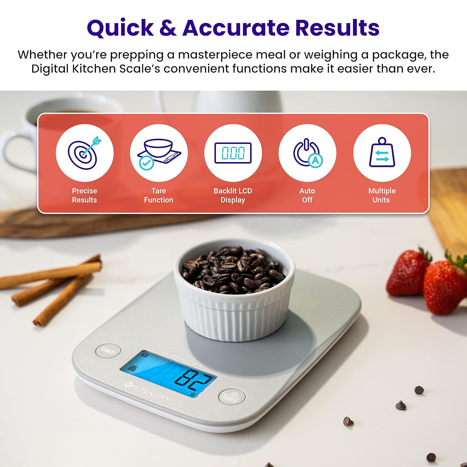 Etekcity Food Kitchen Scale, Digital Grams and Ounces for Weight Loss, Baking, Cooking, Keto and Meal Prep, LCD Display, Medium, 304 Stainless Steel
