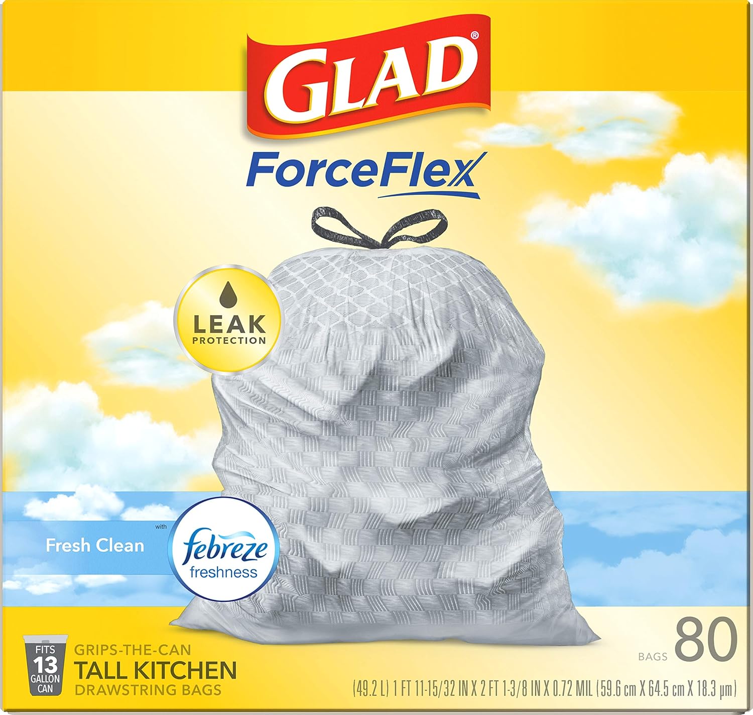 Glad Tall Kitchen Drawstring Trash Bags - Odorshield 13 Gallon White Trash Bag, Febreze Fresh Clean, 110 Count