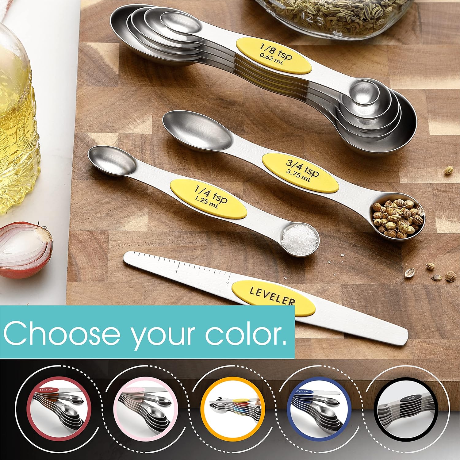 Spring Chef Magnetic Measuring Spoons Set with Strong N45 Magnets, Heavy Duty Stainless Steel Metal, Fits in Most Kitchen Spice Jars for Baking & Cooking, BPA Free, Black, Set of 8 with Leveler