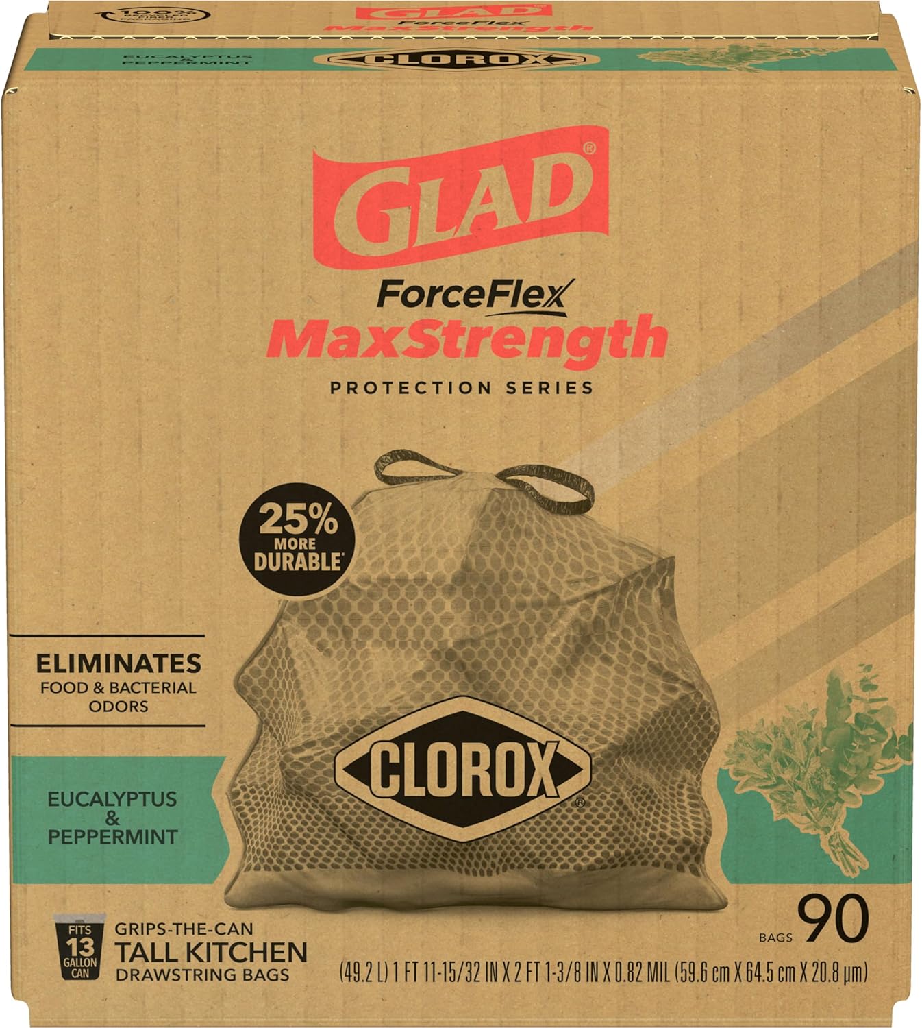 Glad ForceFlex MaxStrength with Clorox Trash Bags, 13 Gal, Lemon Fresh Bleach, 90 Ct, Pack May Vary