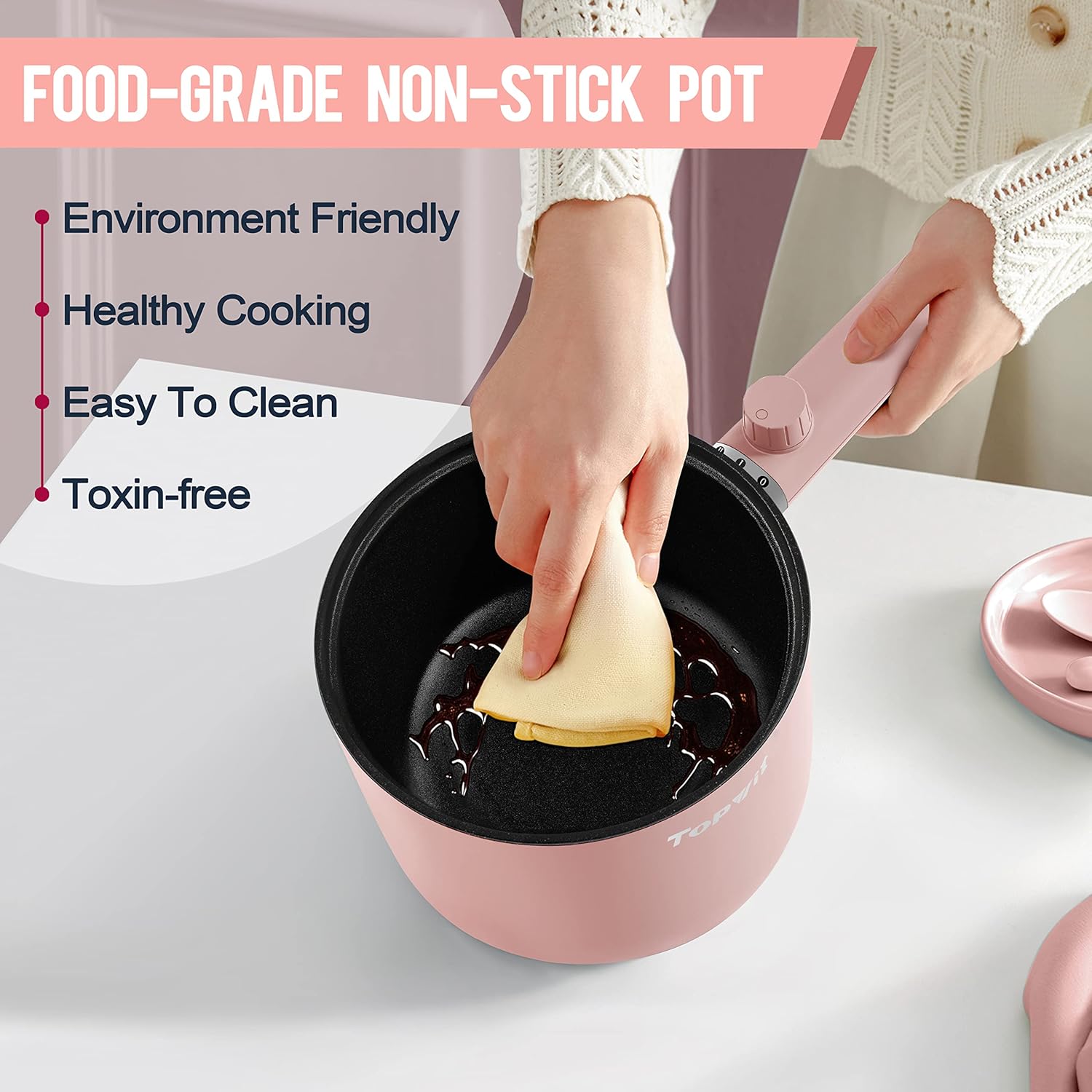 Topwit Hot Pot Electric, 1.5L Ramen Cooker, Portable Non-Stick Frying Pan, Electric Pot for Pasta, Steak, BPA Free, Electric Cooker with Dual Power Control, Over-Heating & Boil Dry Protection, Black