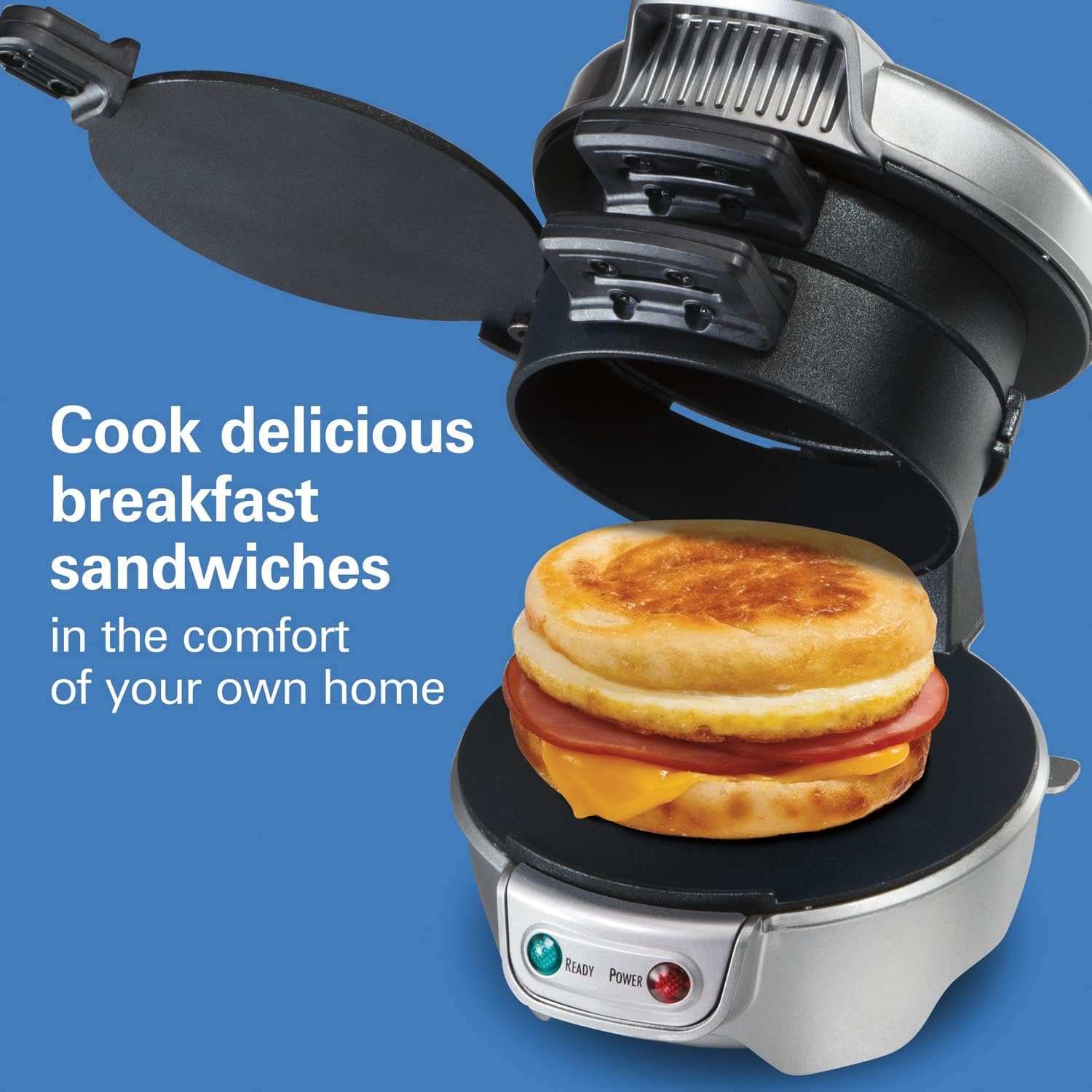 Hamilton Beach Breakfast Sandwich Maker with Egg Cooker Ring, Customize Ingredients, English Muffins, Croissants, Mini Waffles, Perfect White Elephant Gifts, Single, Black