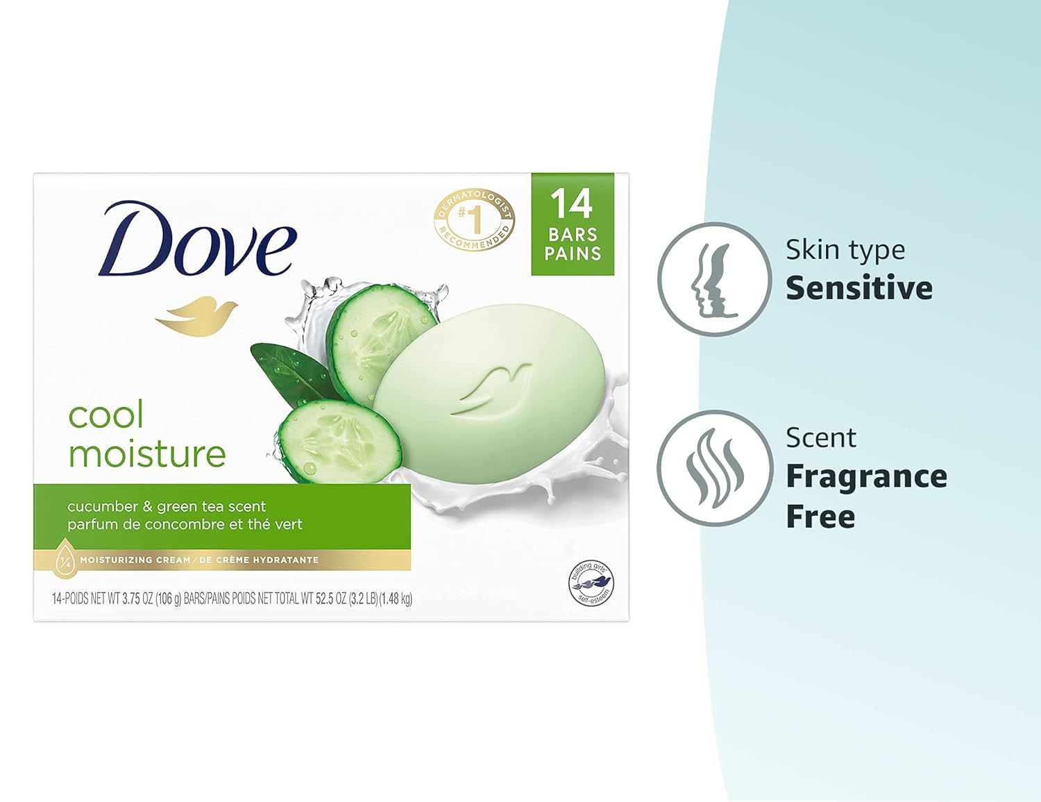 Dove Skin Care Beauty Bar For Softer Skin Cucumber and Green Tea More Moisturizing Than Bar Soap 3.75 oz, 14 Bars