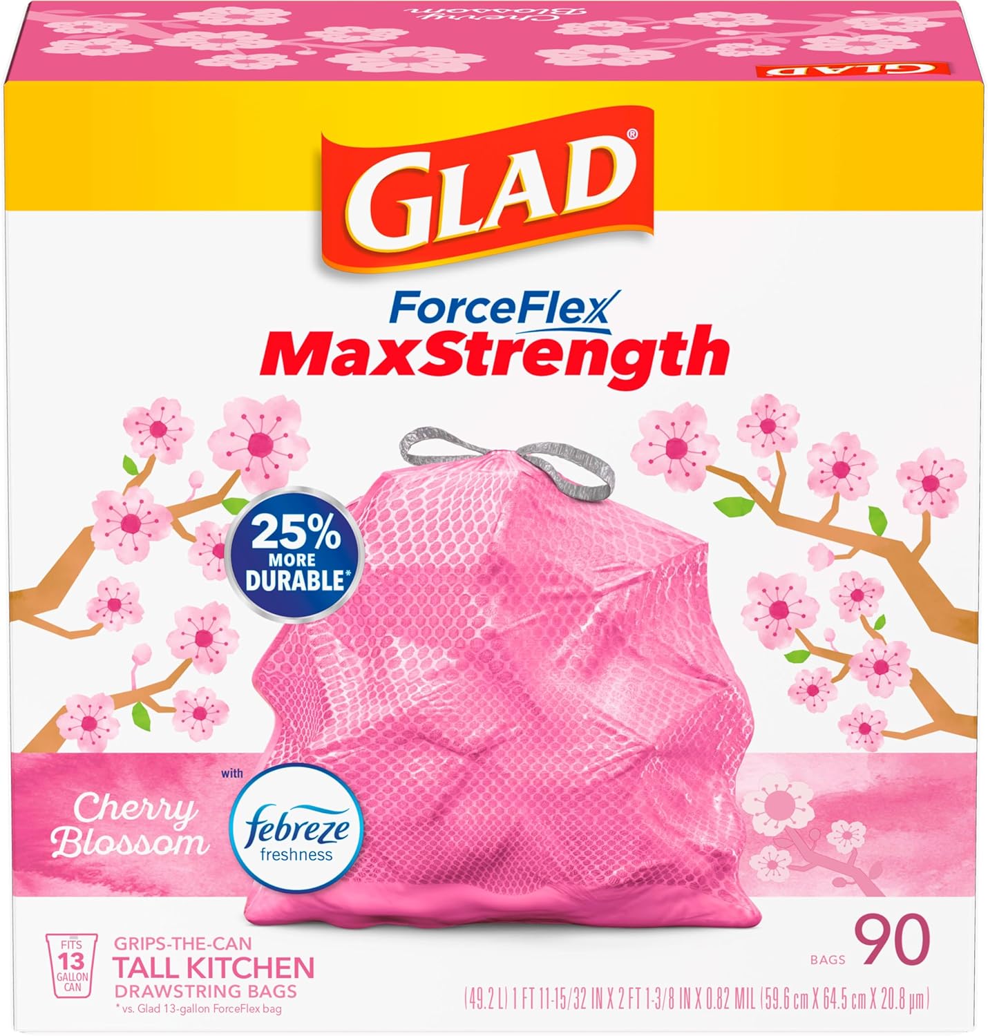 Glad ForceFlex MaxStrength with Clorox Trash Bags, 13 Gal, Lemon Fresh Bleach, 90 Ct, Pack May Vary