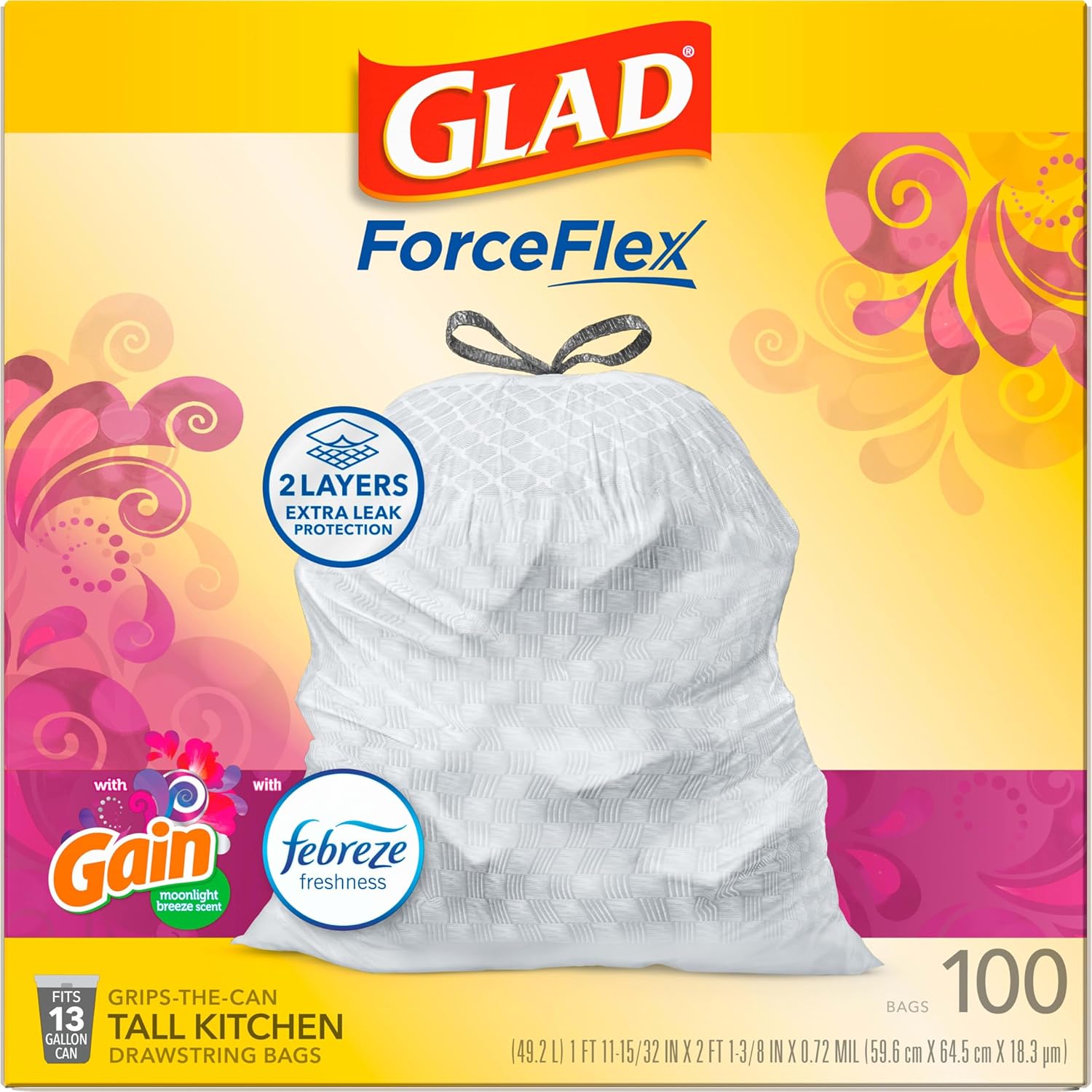 Glad Trash Bags, ForceFlex Tall Kitchen Drawstring Garbage Bags 13 Gallon White Trash Bag, Gain Moonlight Breeze scent with Febreze Freshness 100 Count (Package May Vary)