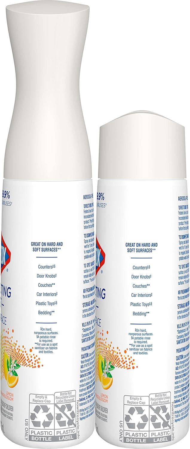 Clorox Disinfecting Mist, Lemon and Orange Blossom, Household Essentials, 1 Spray Bottle and 1 Refill, 16 Fl Oz Each