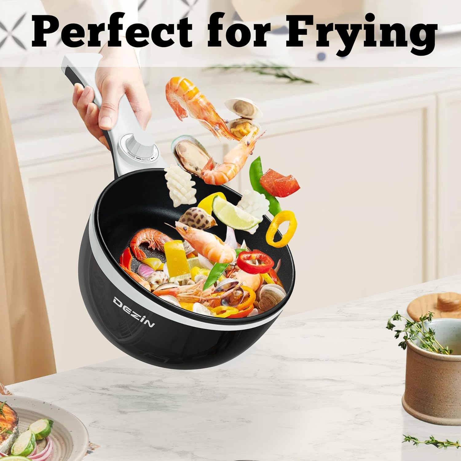 Dezin Hot Pot Electric Upgraded, Non-Stick Sauté Pan, Rapid Noodles Electric Pot, 1.5L Mini Portable Hot Pot for Steak, Egg, Fried Rice, Ramen, Oatmeal, Soup with Power Adjustment(Egg Rack Included)