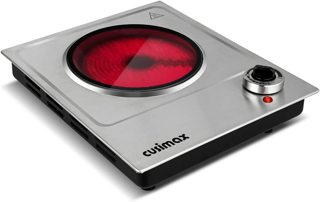 CUSIMAX 1800W Ceramic Electric Hot Plate for Cooking, Dual Control Infrared Cooktop, Double Burner, Portable Countertop Burner, Glass Plate Electric Cooktop, Silver, Stainless Steel-Upgraded Version