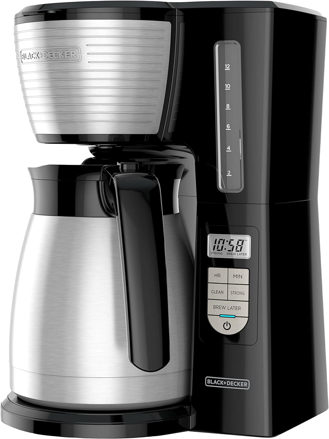 BLACK+DECKER 12 Cup Thermal Programmable Coffee Maker with Brew Strength and VORTEX Technology, Black/Steel