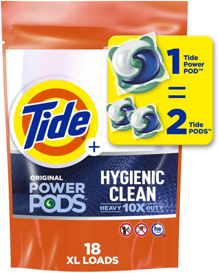 Tide Power PODs Hygienic Clean Heavy Duty Liquid Laundry Detergent Pacs HE Compatible 45 Count Hypoallergenic Free and Clear of Dyes and Perfumes For Visible and Invisible Dirt