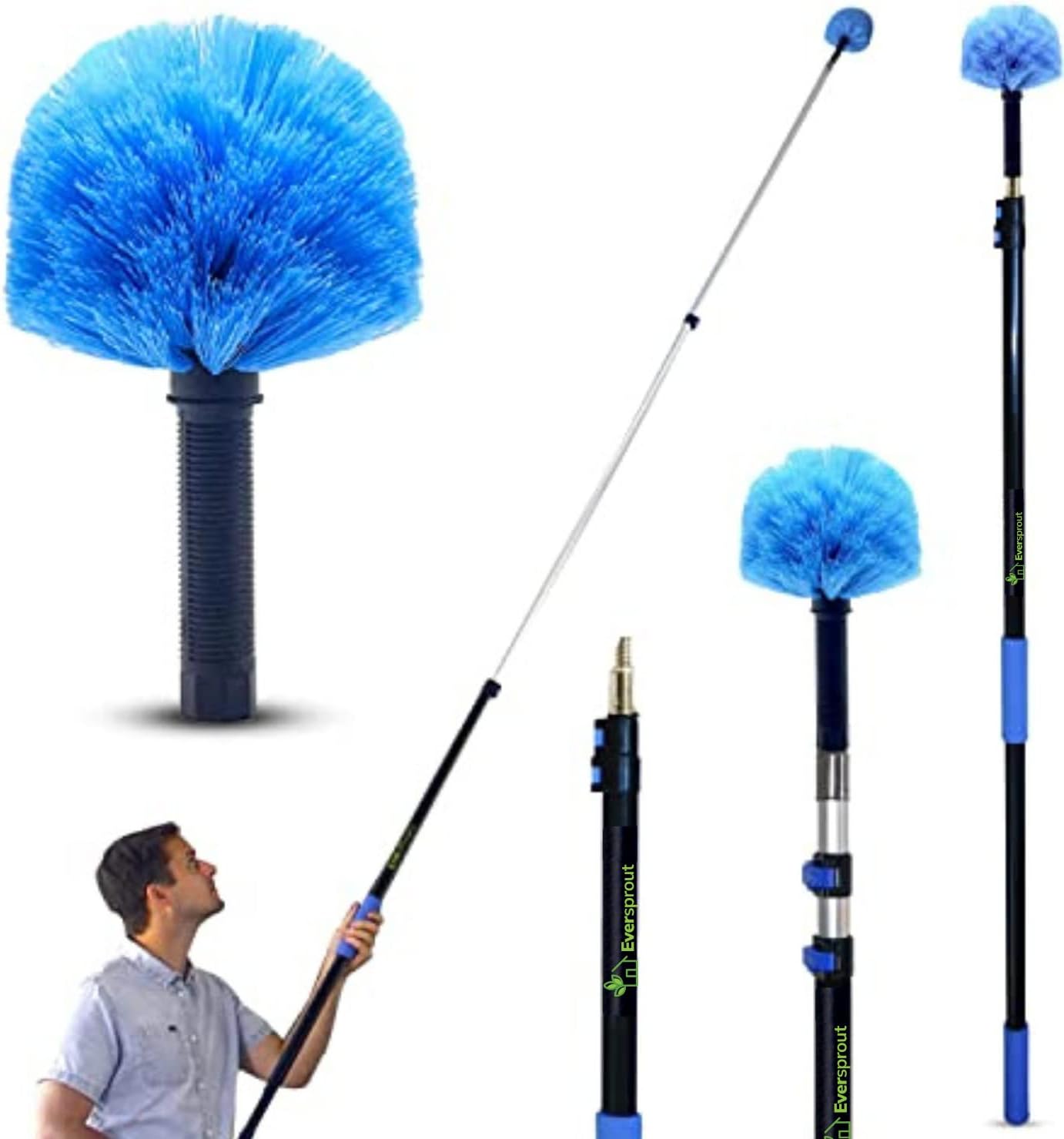EVERSPROUT 5-to-12 Foot Cobweb Duster with Extension Pole Combo (20 Ft Reach, Medium-Stiff Bristles), Spider Web Brush with Pole - Hand-Packaged, Lightweight, 3-Stage Aluminum Pole