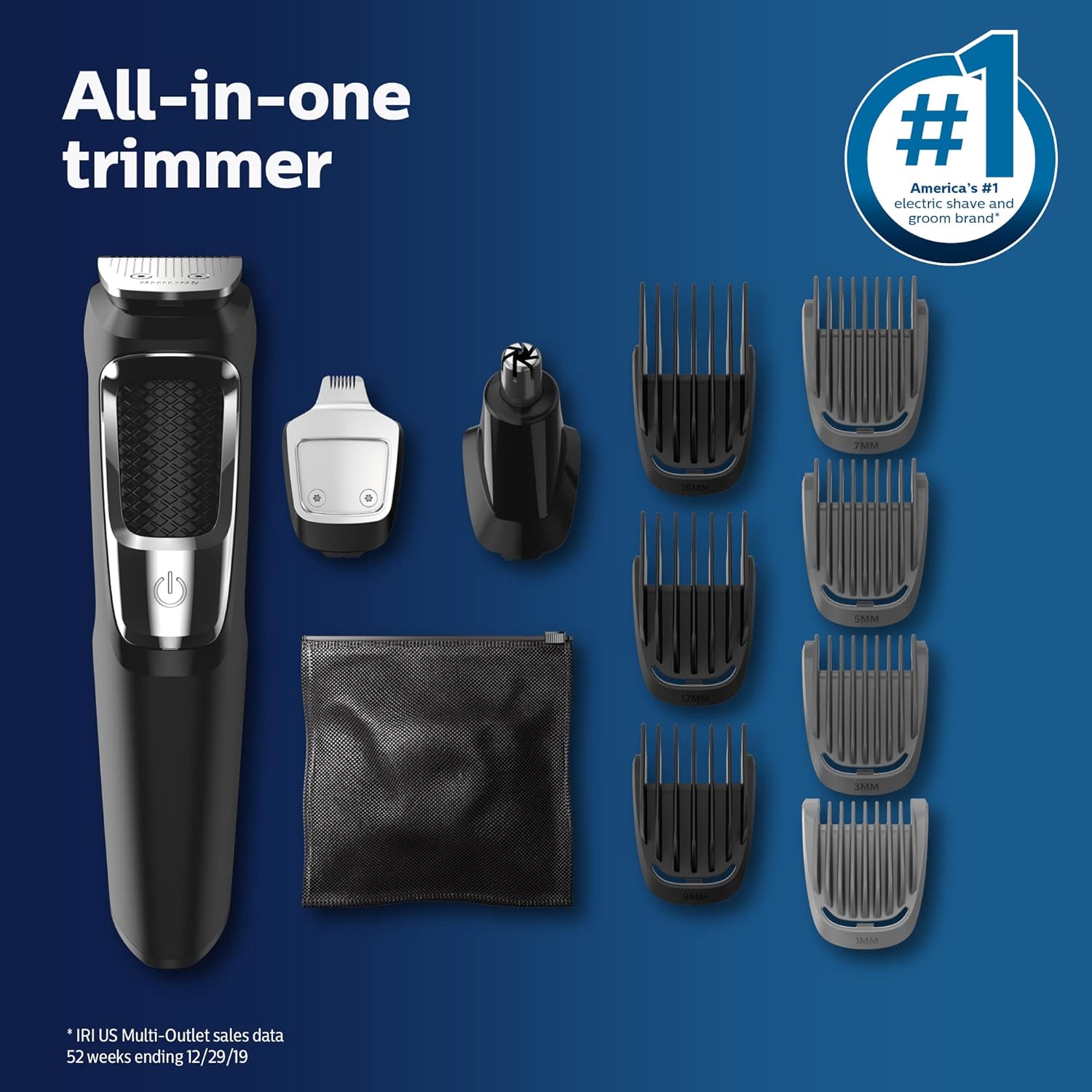 Norelco Philips Multi Groomer All-in-One Trimmer Series 3000-13 Piece Mens Grooming Kit for Beard, Face, Nose, Ear Hair Trimmer and Hair Clipper - NO Blade Oil Needed, MG3740/40