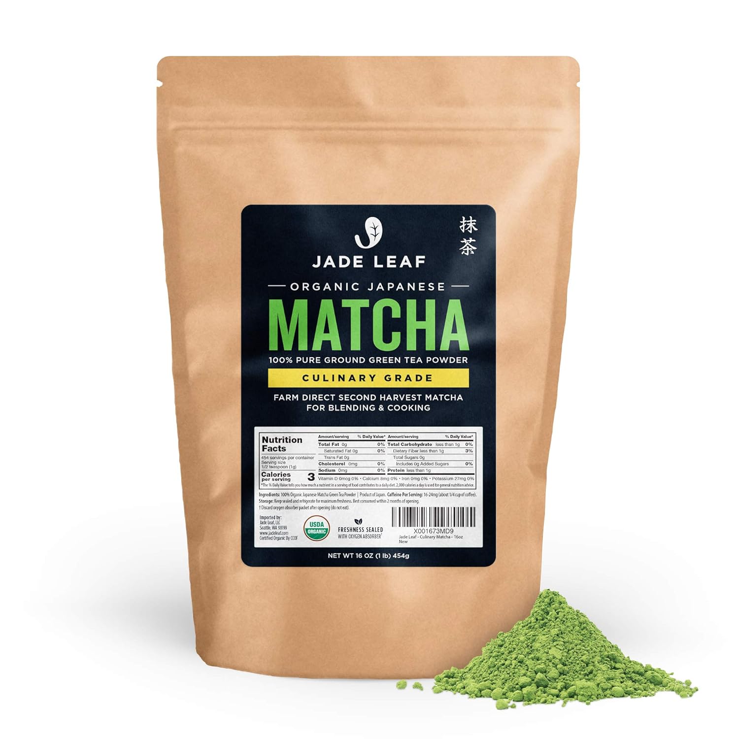 Jade Leaf Matcha Organic Green Tea Powder - Culinary Grade Premium Second Harvest - Authentic Japanese Origin (1.06 Ounce Pouch)