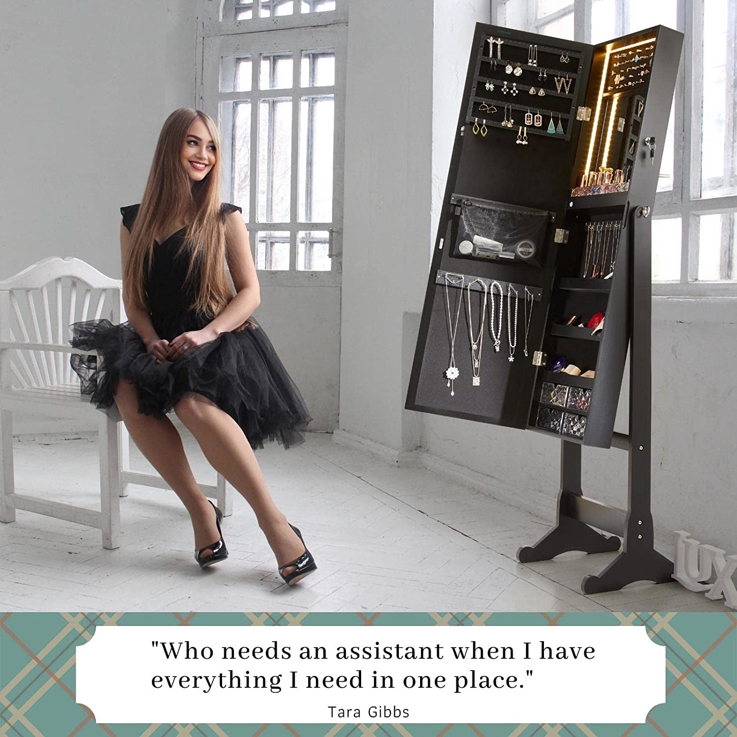 Stella 6 Standing Jewelry Armoire Full Length Mirror With Built-in Lights – Black