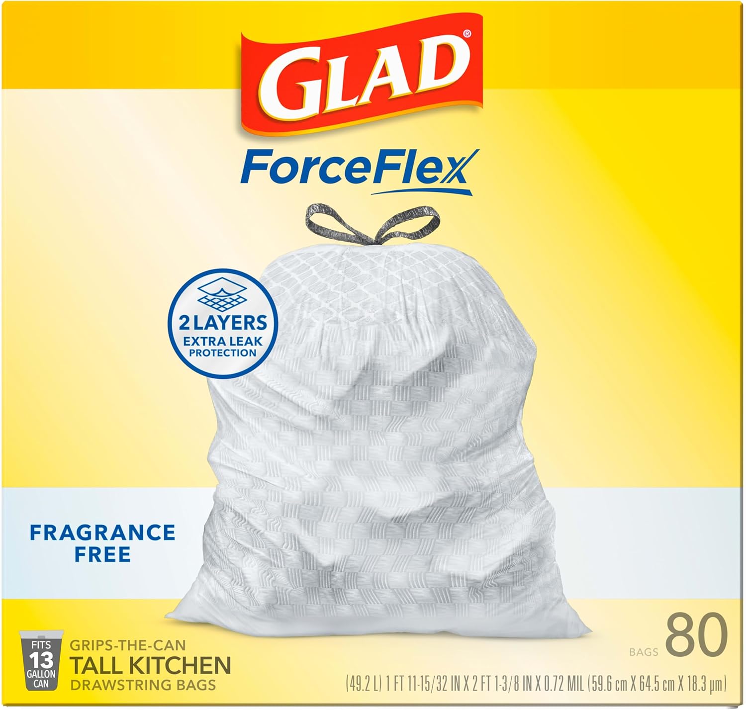 Glad Tall Kitchen Drawstring Trash Bags - Odorshield 13 Gallon White Trash Bag, Febreze Fresh Clean, 110 Count