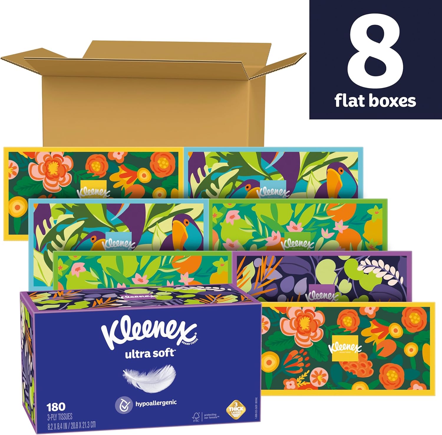 Kleenex Ultra Soft Facial Tissues, 8 Flat Boxes, 180 Tissues per Box, 3-Ply, Packaging May Vary