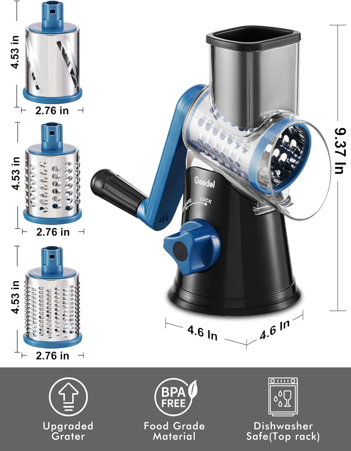 Geedel Rotary Cheese Grater, Kitchen Mandoline Vegetable Slicer with 3 Interchangeable Blades, Easy to Clean Grater for Fruit, Vegetables, Nuts
