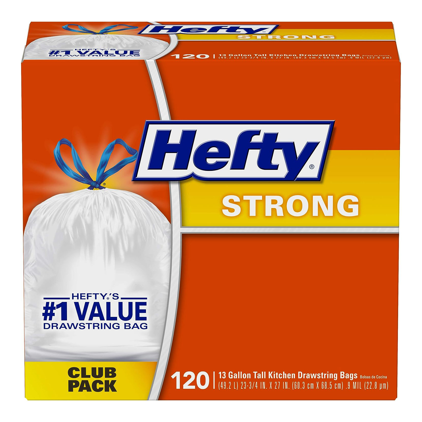 Hefty Strong Tall Kitchen Trash Bags, Unscented, 13 Gallon, 90 Count, White,Packaging may vary